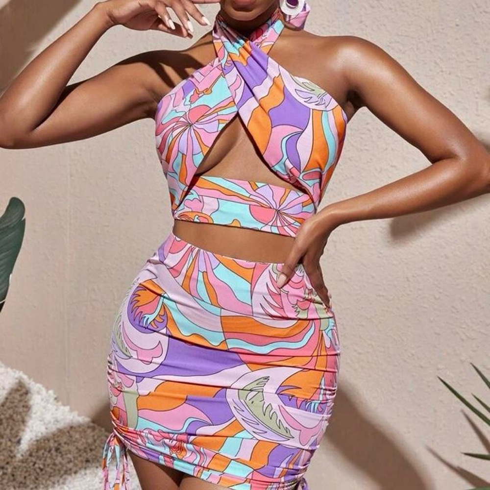 SHEIN | Slayr Allover Print Criss Cross Halter Top & Drawstring Skirt Sz XS